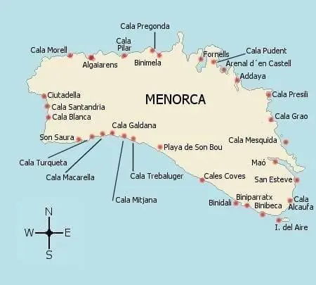 mapa de playas y calas de menorca